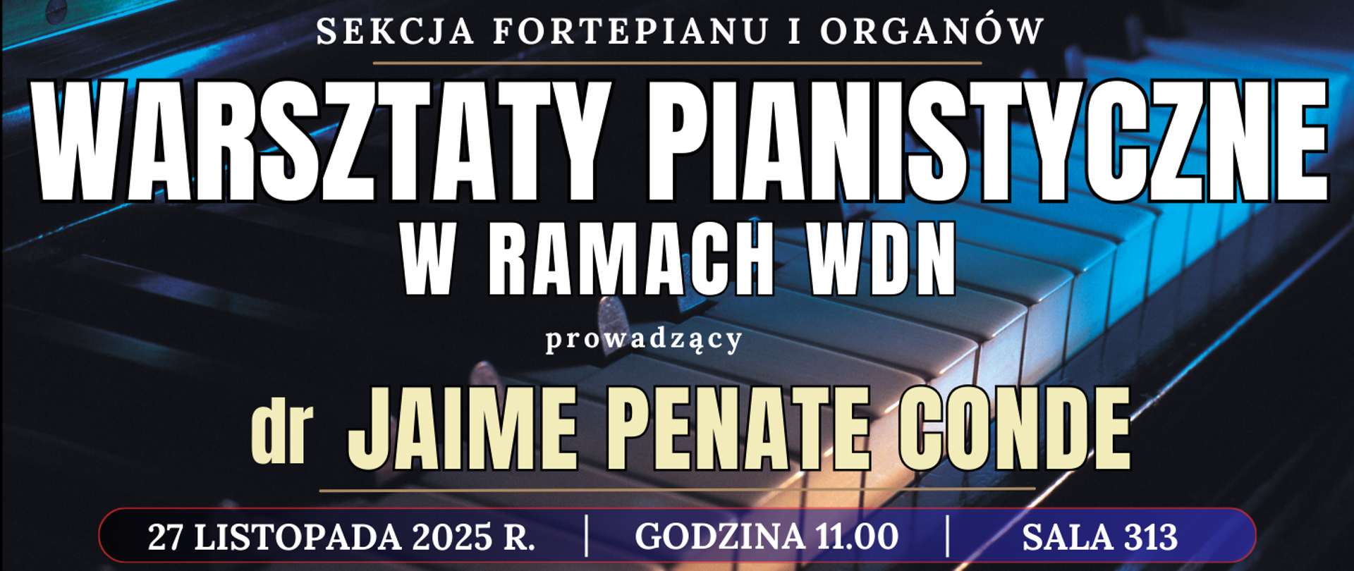 baner z ciemnym tłem z klawiaturą fortepianu oraz informacja o wydarzeniu