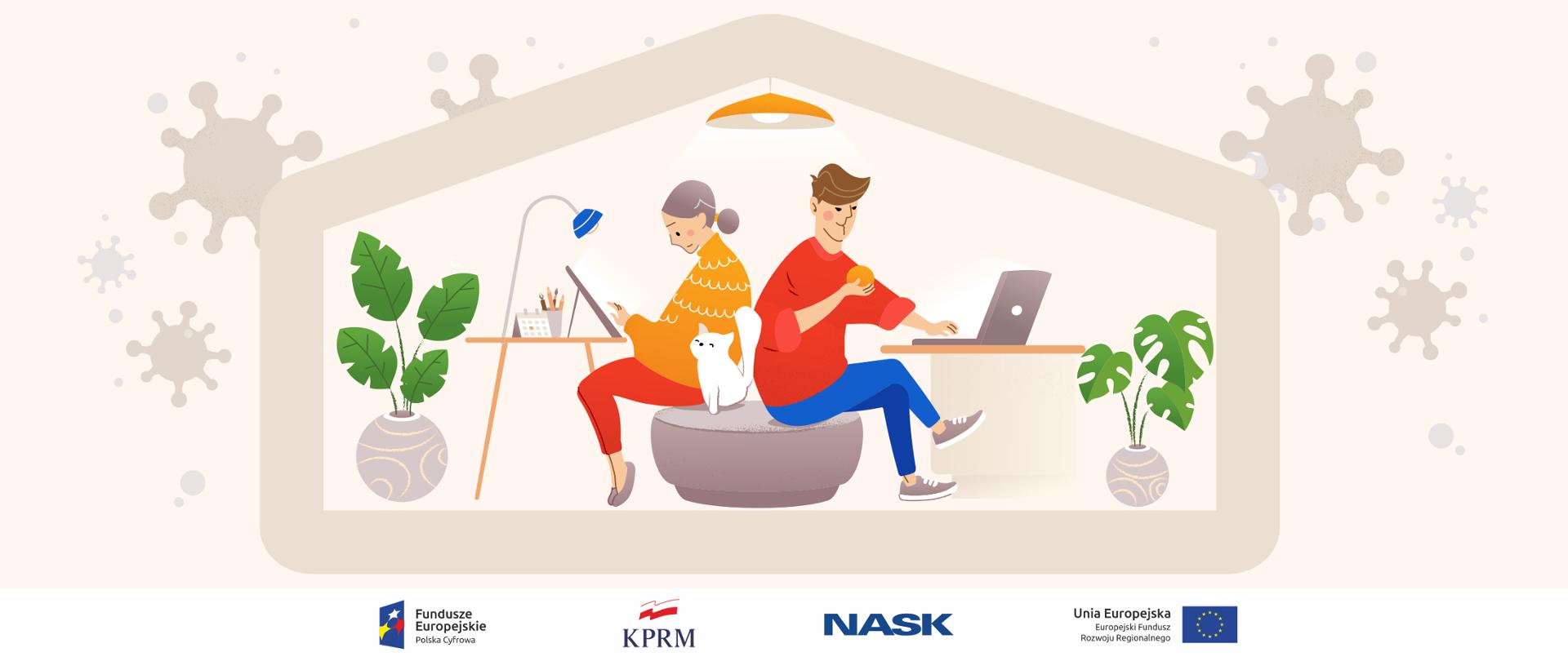 Grafika wektorowa - mężczyzna i kobieta siedzą w domu na pufie, odwróceni do siebie plecami, pracują na komputerach. Pomiędzy nimi - biały kot. 