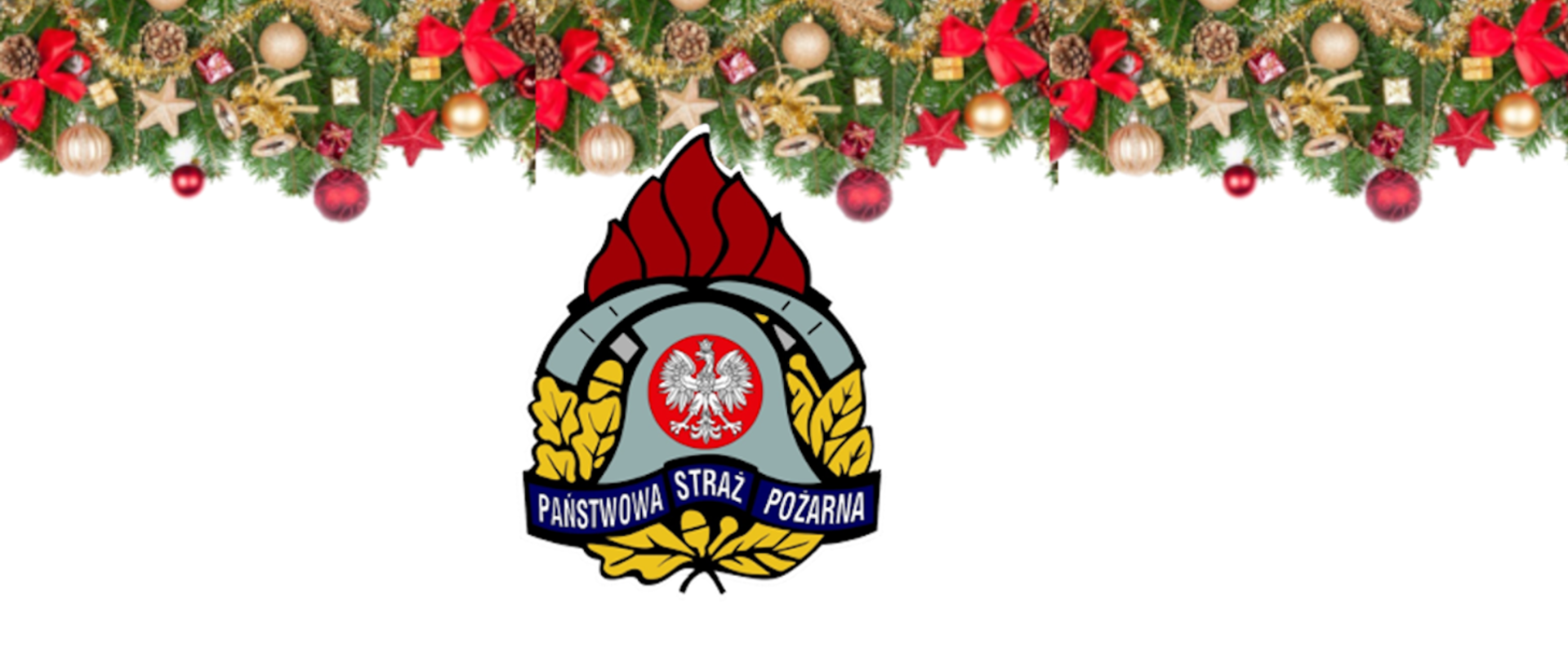 Logo Państwowej Straży Pożarnej na białym tle. W górnej części widoczne świąteczne ozdoby