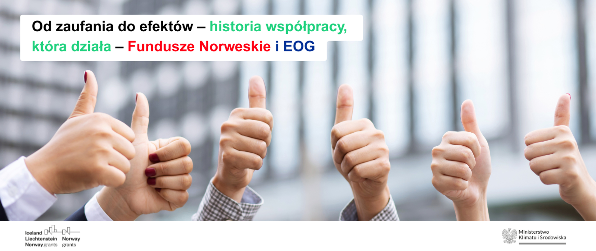 Sześć wyciągniętych do góry dłoni (kobiet i mężczyzn) złożonych w pięść z podniesionym do góry kciukiem, symbolizujących zadowolenie.