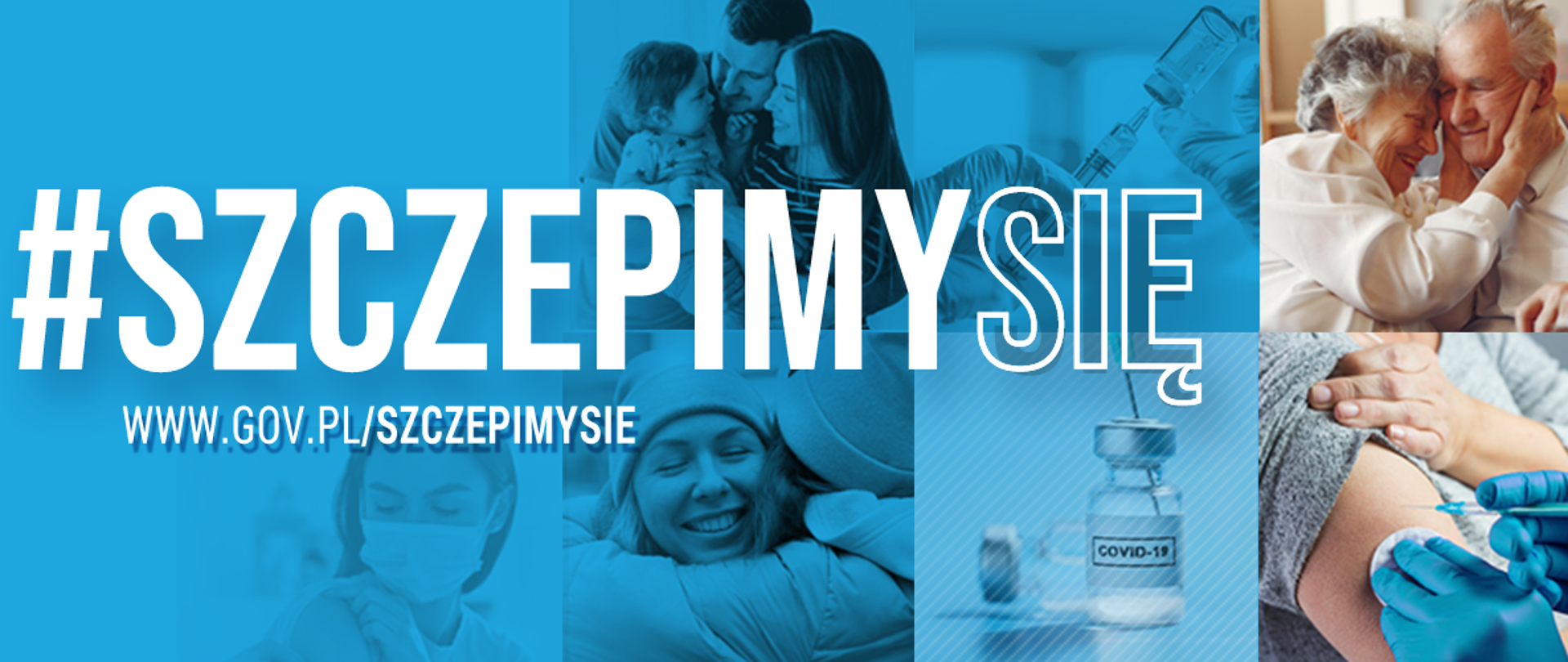 Logo akcji „szczepimy się” , białe litery na niebieskim tle 