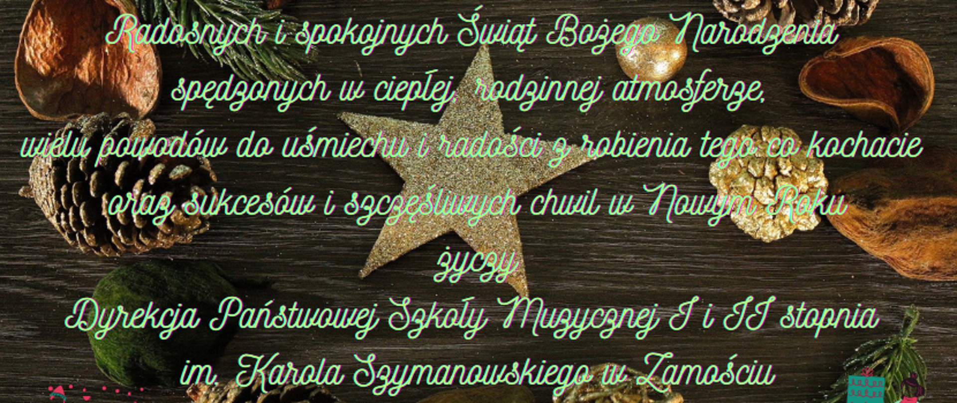 Tłem grafiki jest blat stołu z ciemnego drewna z fakturą słoi. Na blacie leżą ozdoby kojarzące się ze świętami: szyszki, gałązki choinki, skorupki orzechów, stroik itp. Otaczają one koliście główny element, który stanowi gwiazda posypana brokatem. Na tym tle napisany jest tekst życzeń świątecznych o brzmieniu: "Radosnych i spokojnych Świąt Bożego Narodzenia spędzonych w ciepłej, rodzinnej atmosferze, wielu powodów do uśmiechu i radości z robienia tego co kochacie oraz sukcesów i szczęśliwych chwil w Nowym Roku życzy Dyrekcja Państwowej Szkoły Muzycznej I i II stopnia im. Karola Szymanowskiego w Zamościu". Tekst jest napisany czcionką naśladującą pismo odręczne w kolorze limonkowym. U dołu po bokach są grafiki przedstawiające szczęśliwą rodzinę i kobietę niosącą pudła z prezentami.