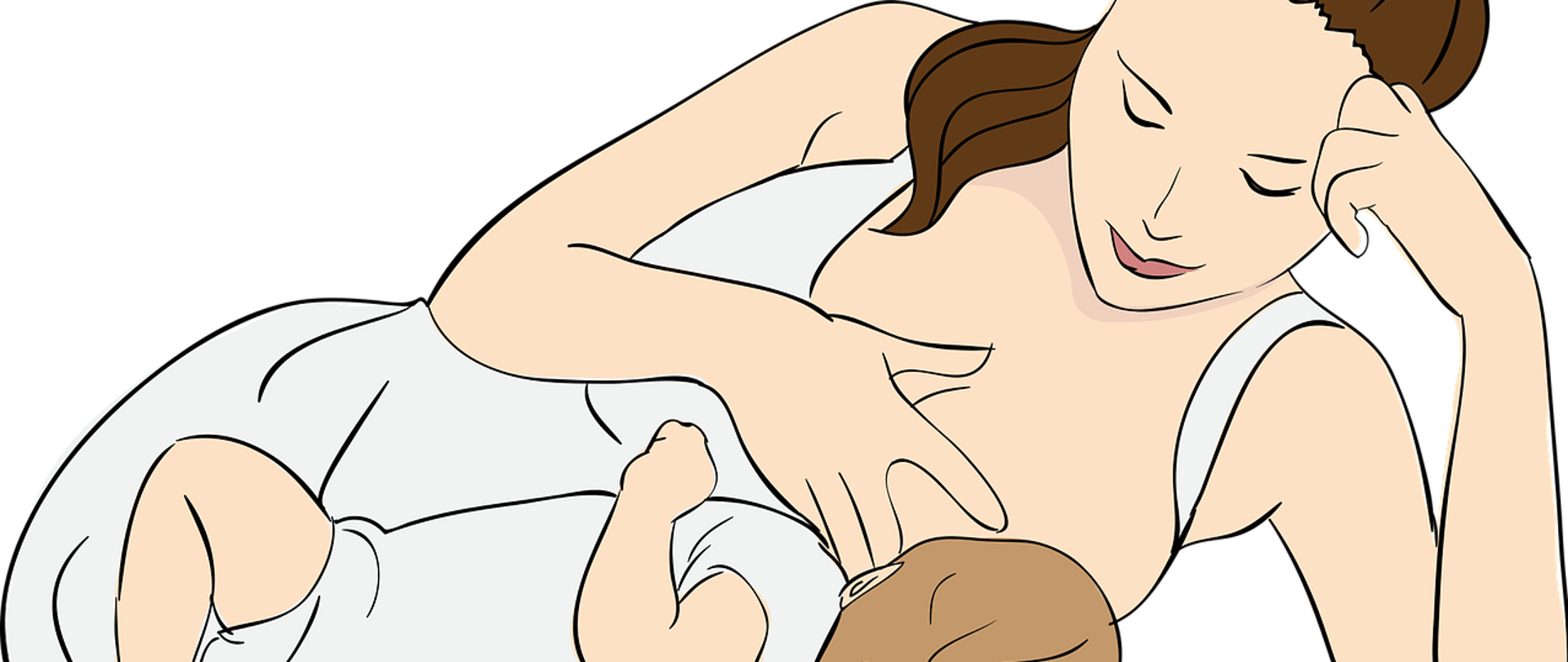 Grafika przedstawia kobietę leżąca na lewym boku z głową podpartą ręką. Kobieta karmi dziecko piersią.