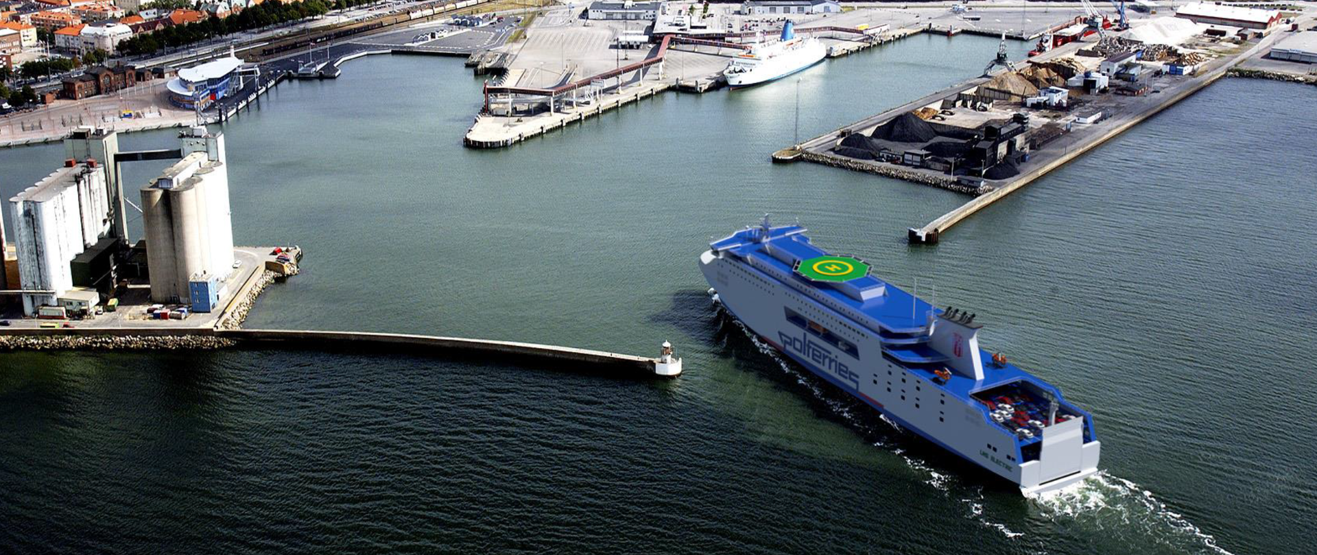 Wizualizacja promu wpływającego do portu w Ystad