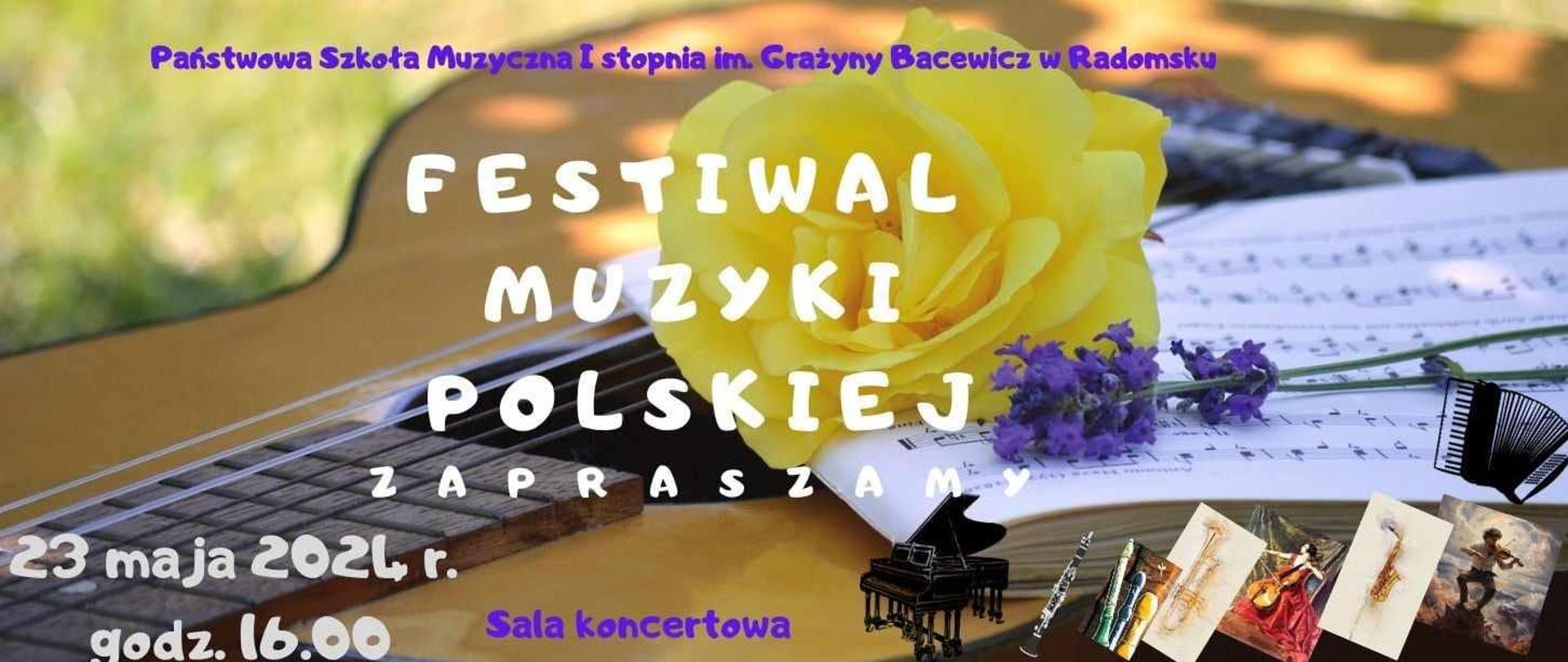 W tle plakatu zajduje się zdjęcie gitary, zbioru nutowego, grafiki akordeonu, fortepianu, saksofonu,oboju, fletów, a także dzieczyny grającej na wiolonczeli i chłopca grającego na skrzypcach. Napisy informacyjne w kolorach białym, szarym i fioletowym.