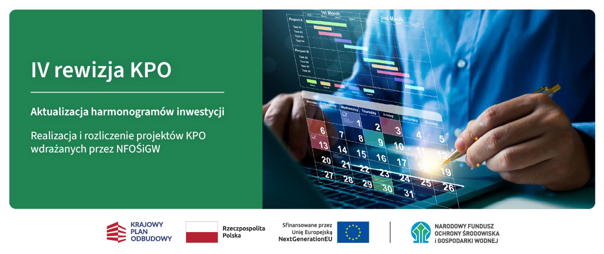 Grafika ilustracyjna. IV rewizja KPO. Aktualizacja harmonogramów inwestycji. Realizacja i rozliczenie KPO wdrażanych przez NFOŚiGW. W stopce grafiki ciąg logotypów: Krajowy Plan Odbudowy, flaga Rzeczypospolita Polska, flaga UE Sfinansowane przez UE NextGenerationUE, NFOŚiGW.
