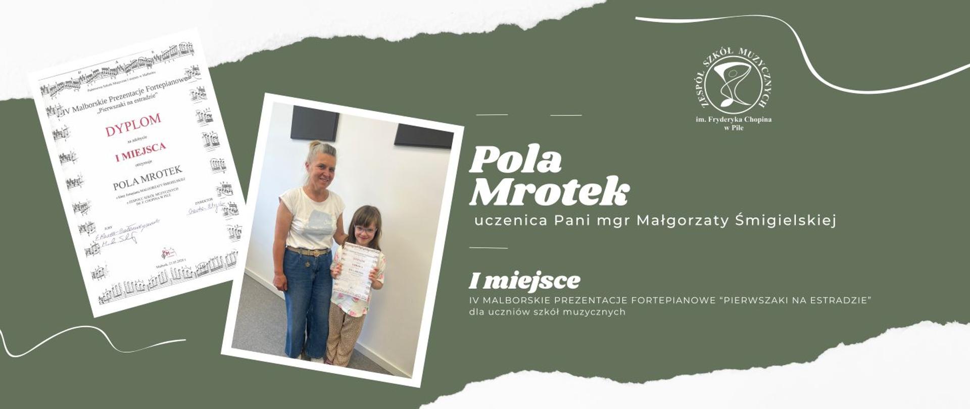 Na zielonym tle, po lewej stronie dyplom i zdjęcie, a na nim dwie postacie: mała dziewczynka uśmiechnięta w ciemnych długich rozpuszczonych włosach i okularach. W rękach przed sobą trzyma dyplom, obok stoi kobieta w niebieskich spodniach i białej bluzce ręką obejmuje dziewczynkę.