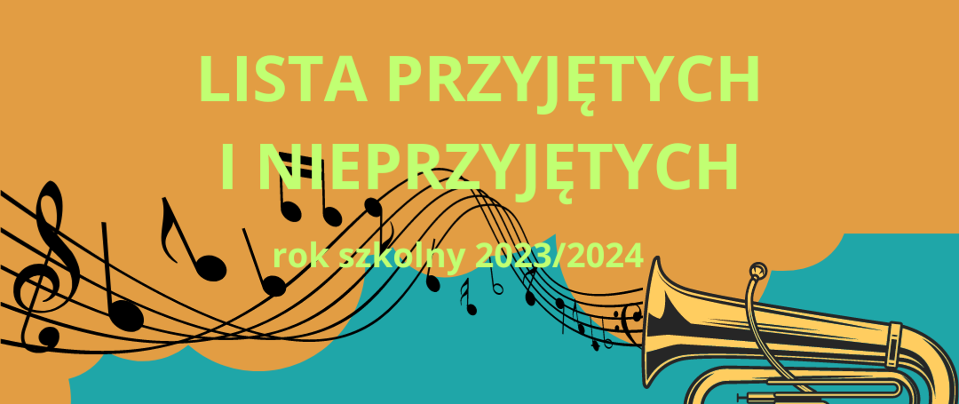 Żółto niebieskie tło z jasno zielonymi napisami o treści lista przyjętych i nieprzyjetych
