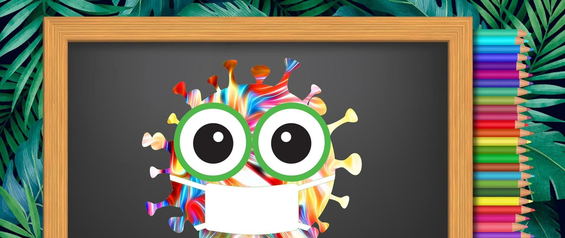 w tle zielone liście egzotyczne, na nich czarna tablica szkolna, na niej wizerunek kolorowego koronawirusa ze śmiesznymi dużymi oczami i z maseczką ochronną "na twarzy", z tablicy z boku wystają kolorowe kredki jak z pudełka na kredki