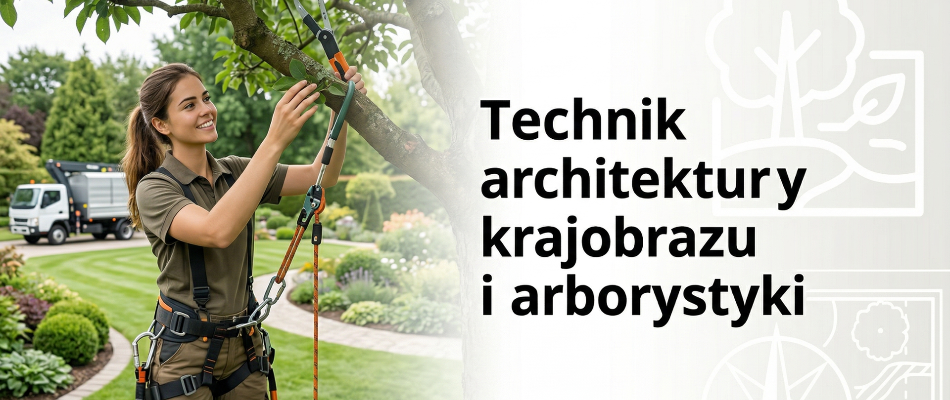 Baner promujący kierunek technik architektury krajobrazu i arborystyki. Po lewej stronie uśmiechnięta młoda kobieta w uprzęży wspinaczkowej i stroju roboczym pielęgnuje gałęzie drzewa w zadbanym ogrodzie. Po prawej stronie napis „Technik architektury krajobrazu i arborystyki” oraz ikony drzewa, liścia i kompasu projektowego.