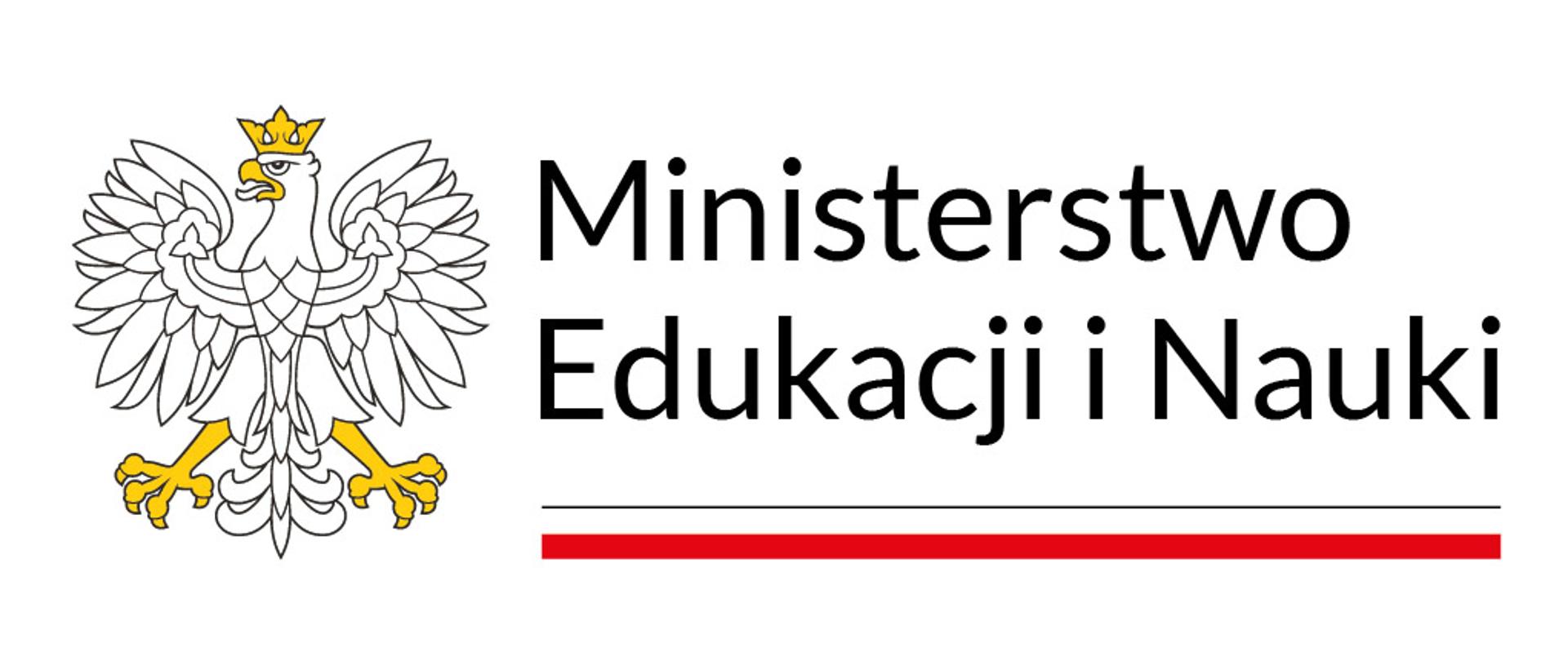 Baner Ministerstwa Edukacji i Nauki na białym tle po lewej stronie orzeł w koronie po prawej stronie napis Ministerstwo Edukacji i Nauki pod napisem symbol biało-czerwonej flagi