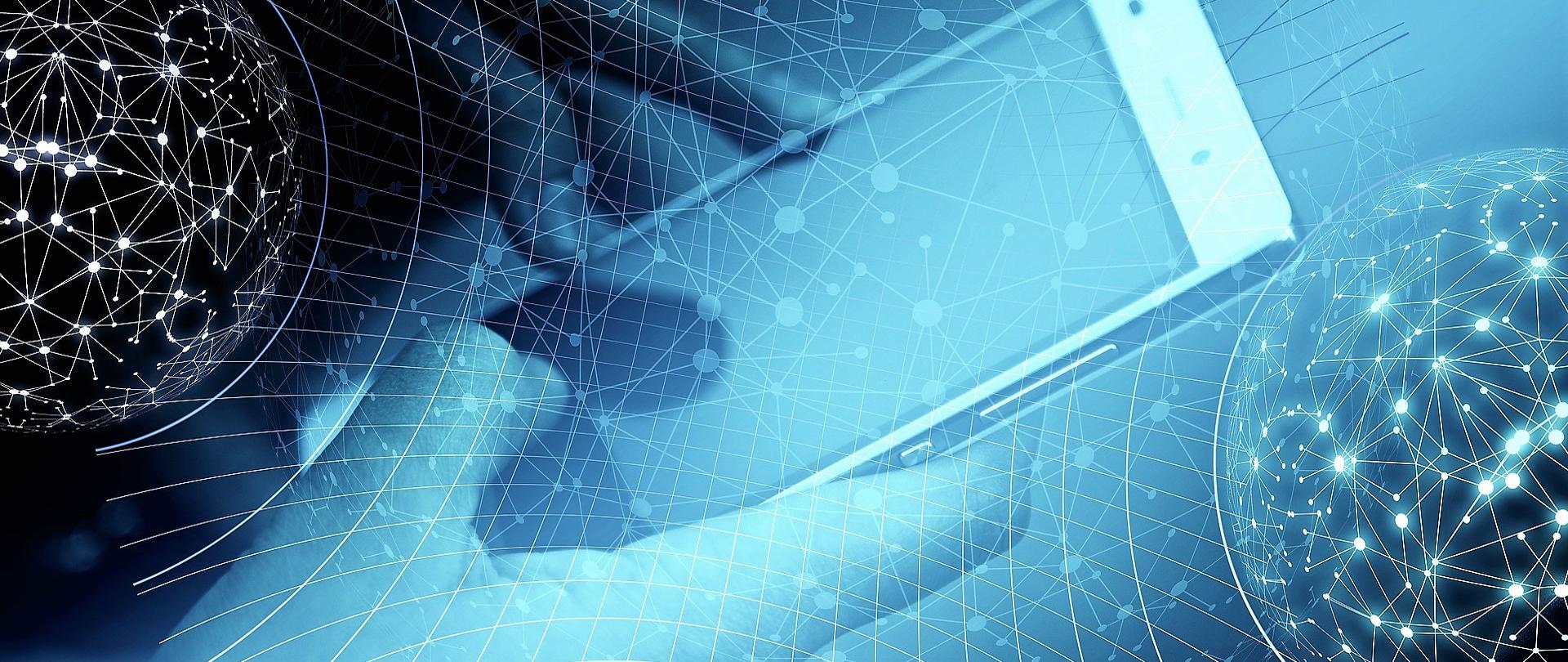 Grafika. Dłoń trzymająca smartfona. 