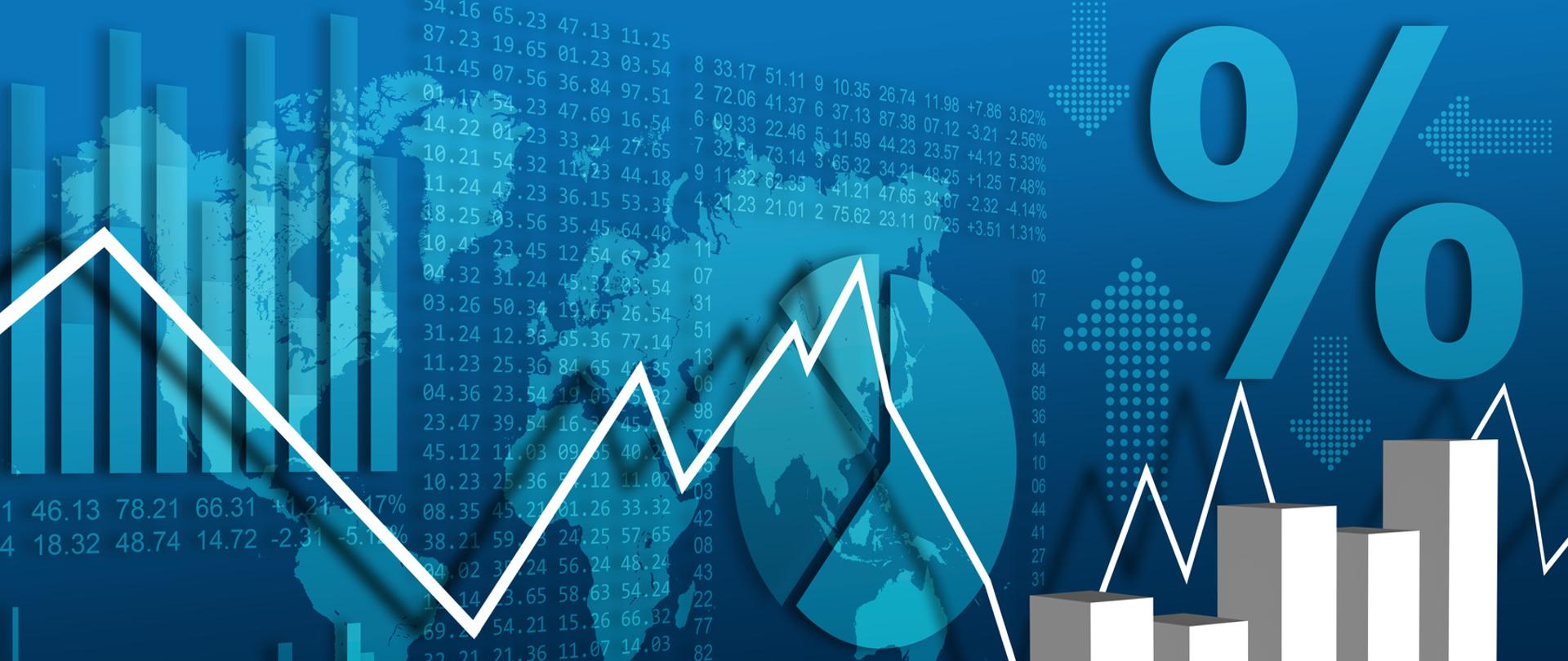 Graf słupkowy plus procenty na niebieskim tle