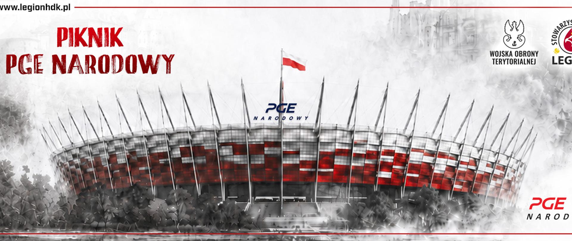 Grafika przedstawia biało-czerwony Stadion PGE Narodowy w Warszawie na biało-szarym tle przypominającym dym. Po lewej stronie widnieje czerwony napis "PIKNIK PGE NARODOWY". W prawym górnym rogu znajdują się logotypy: Wojsk Obrony Terytorialnej oraz Stowarzyszenia Legion HDK. W prawym dolnym rogu widoczny jest logotyp PGE Narodowy, a w lewym górnym rogu podany jest adres strony internetowej "www.legionhdk.pl". Na szczycie stadionu powiewa flaga Polski.