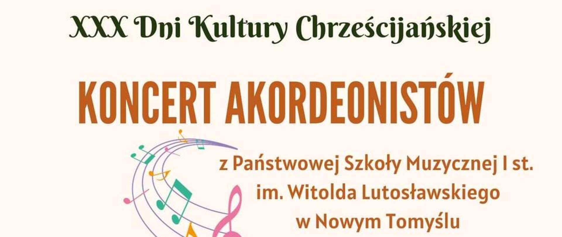 Plakat na beżowym tle informujący o Koncercie Akordeonistów, który odbędzie się 21.11.2023 roku o godzinie 17:00 w sali wiejskiej w Urbanowie. W dolnej części plakatu okrągłe zdjęcie osób trzymających się za ręce, po jego lewej stronie mniejsze koło w którym znajduje się zdjęcie akordeonu. W lewym dolnym rogu grafika przedstawiająca kościół. 