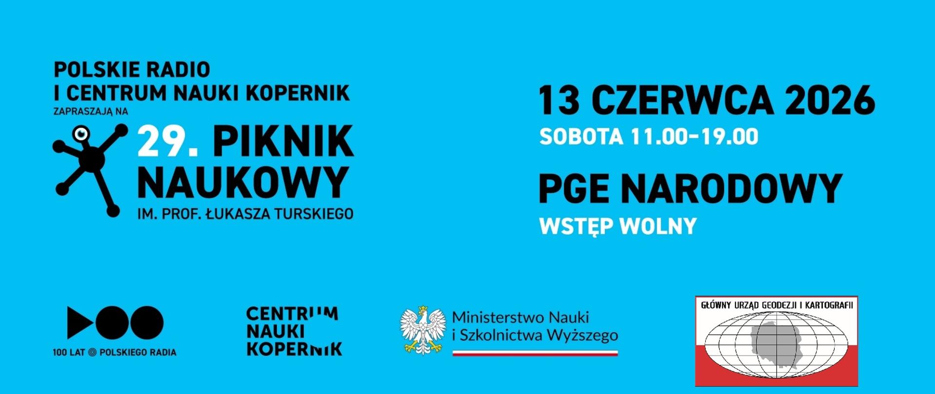 grafika promująca 29. Piknik Naukowy, logo Głównego Urzędu Geodezji i Kartografii