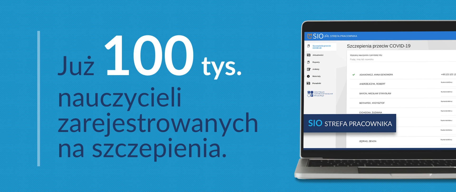 Grafika z tekstem: "Już 100 tys. nauczycieli zarejestrowanych na szczepienia."