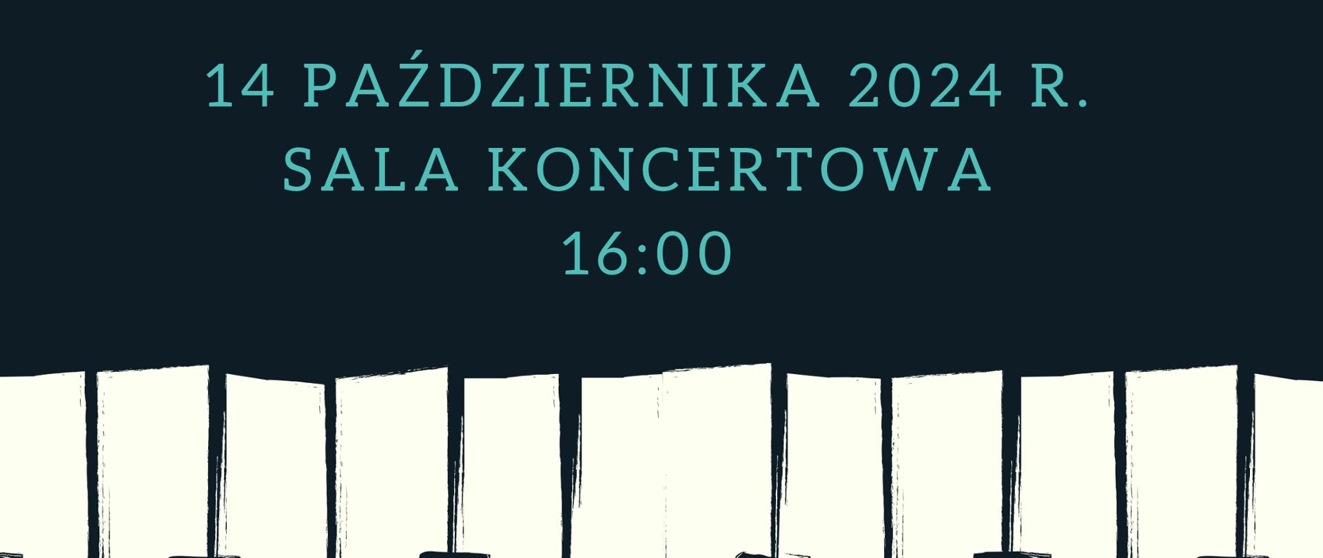 Na czarny tle tekst "Państwowa Szkoła Muzyczna zaprasza na uroczystość z okazji Dnia Edukacji Narodowej 14 października 2024 r. Sala Koncertowa 16:00" Na dole klawisze fortepianu.