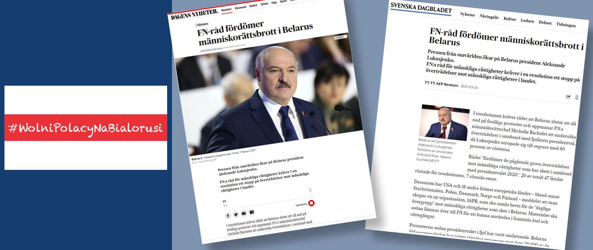 Rezolucja ONZ potępiająca prześladowania na Białorusi, artykuły w DN i SvD