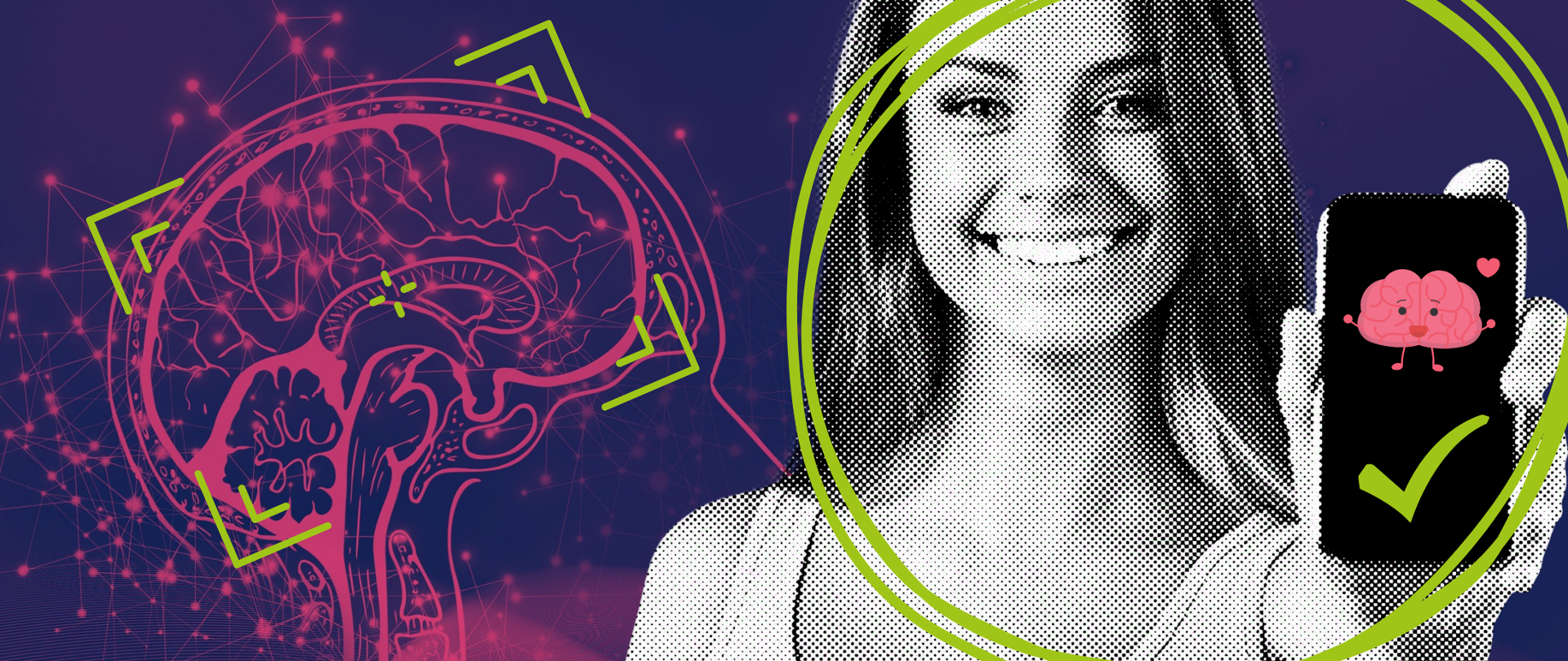 Grafika przedstawia uśmiechniętą kobietę trzymającą telefon komórkowy zwrócony ekranem w stronę widza. Na ekranie rysunek uśmiechniętego mózgu. W tle anatomiczny przekrój ludzkiego mózgu.