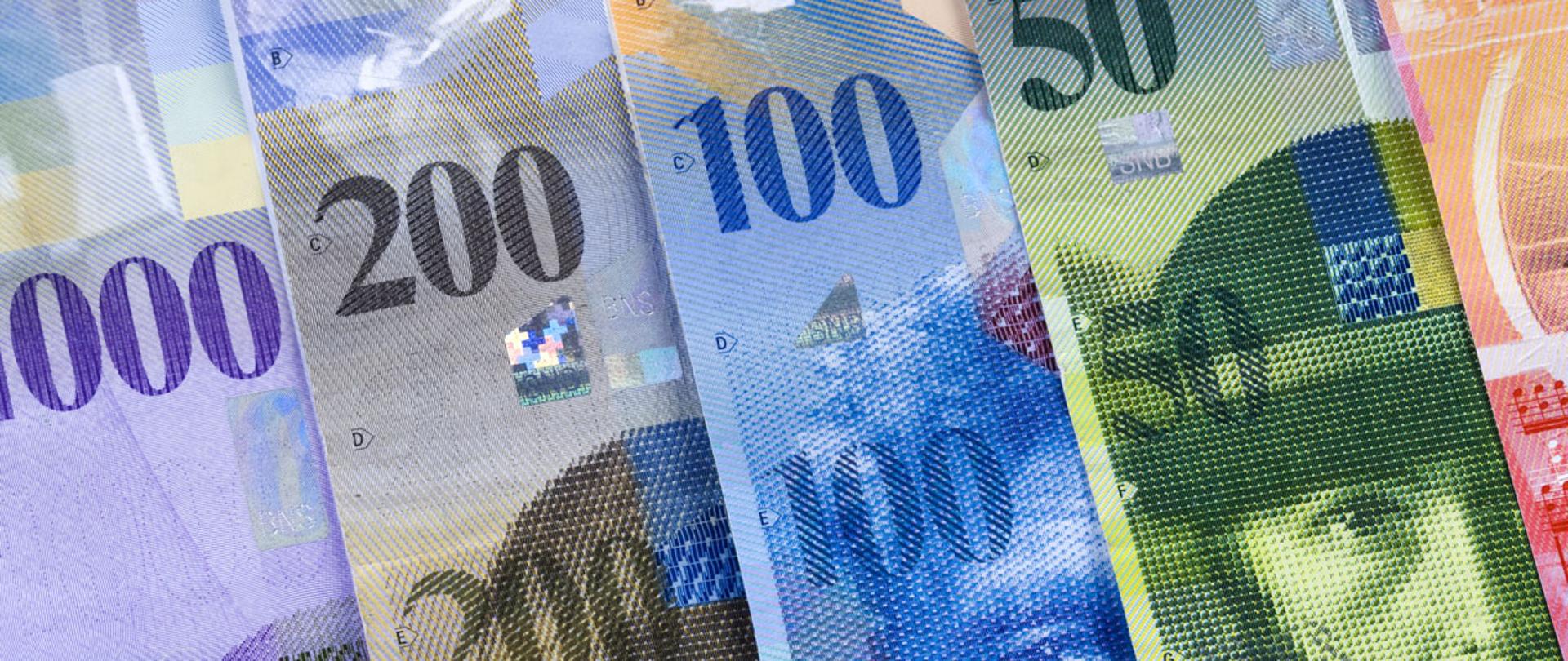 Banknoty franka szwajcarskiego o nominałach 1000, 200, 100, 50 ,20 ułożone obok siebie.