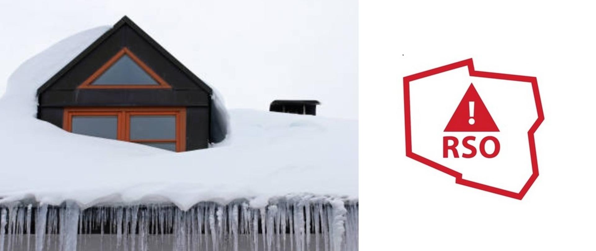Zasypane śniegiem poddasze. Zwisające sople. Znak graficzny - kontur Polski i napis RSO
