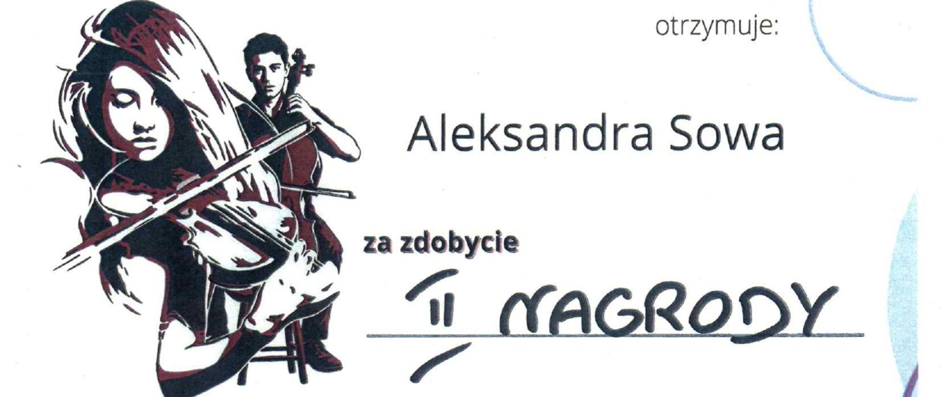 Na białym tle treść: Stowarzyszenie im. Jadwigi Kaliszewskiej, PSM I st. im. St. Moniuszki w Zbąszyniu, IX Ogólnopolskie Igrzyska Smyczkowe, DYPLOM otrzymuje Aleksandra Sowa za zdobycie II nagrody., 23-24 maja 2026 - Zbąszyń.
