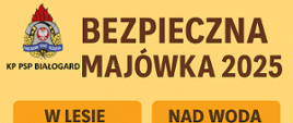 Grafika przedstawia bezpieczne zachowanie się w sytuacjach w trakcie majówki. W górnym lewym rogu logo PSP oraz duży nagłówek Bezpieczna Majówka 2025