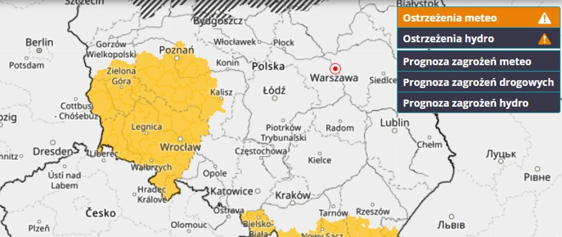 grafika pokazuje mapę Instytutu Meteorologii i Gospodarki Wodnej - na której widać, że wydano ostrzeżenie meteo dla województwa lubuskiego
