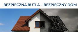 Na zdjęciu widoczny jest dom podzielony pionowo na dwie części. Lewa strona przedstawia nowy, zadbany dom z czerwonym dachem i jasnymi ścianami. Prawa strona ukazuje ten sam dom po zniszczeniu, z zawalonym dachem i osmalonymi ścianami, sprawiający wrażenie spalonego. 