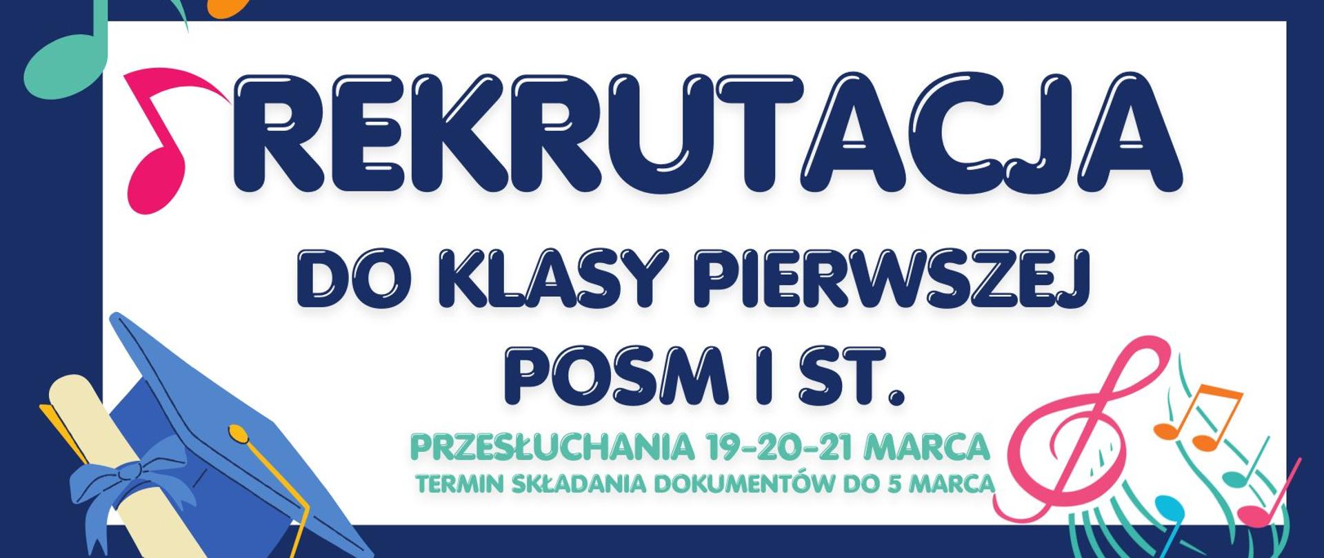 granatowo bialy plakat że zdjęciem szkoly , informujący o rekrutacji do klasy I POSM I stopnia