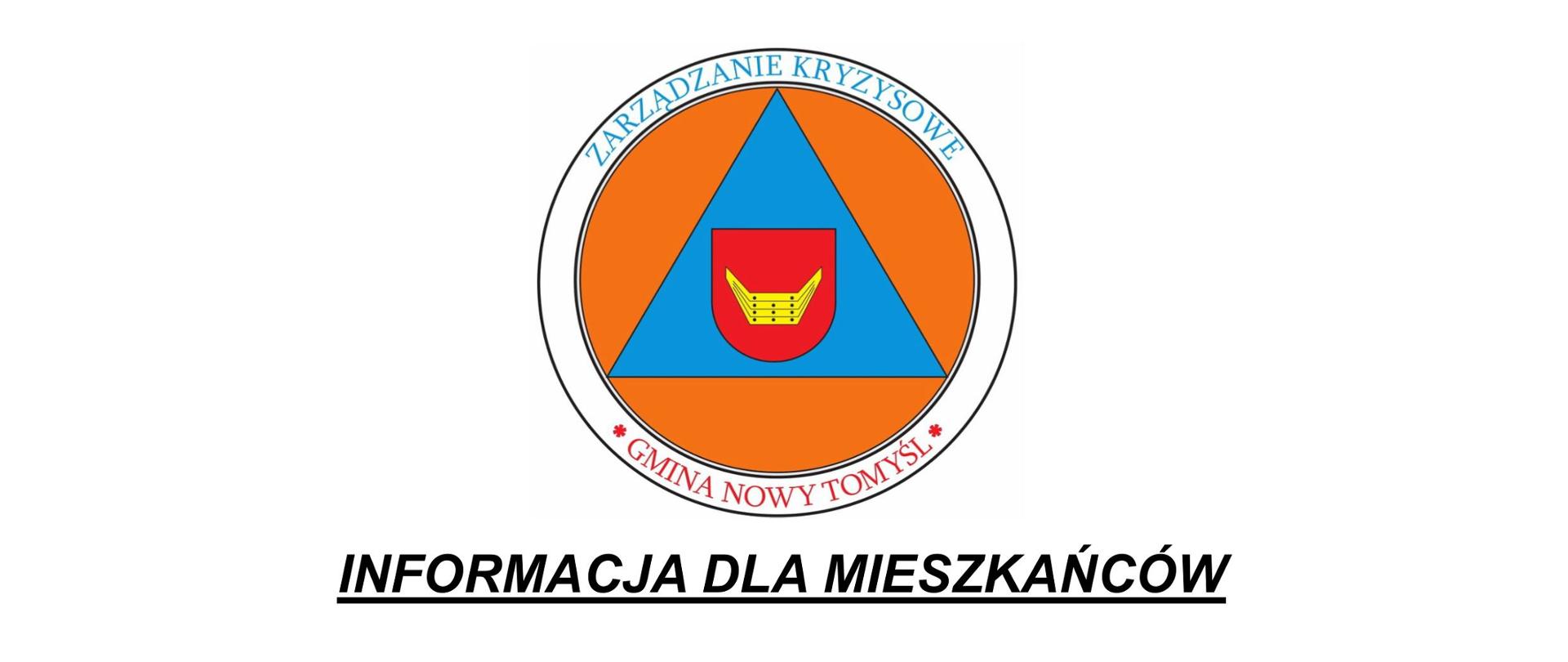 Komunikat na białym tle. W górnej części znajduje się okrąg w kolorze pomarańczowym z białą obwódką, na której został wpisany tekst Zarządzania Kryzysowe *Gmina Nowy Tomyśl*; w okręgu znajduje się niebieski trójkąt, a w nim herb Nowego Tomyśla. Poniżej znajduje się tekst: Informacja dla Mieszkańców, a pod nim informacja o próbie alarmu, który odbędzie się 21.07.2026 w godzinach pomiędzy 7:00 a 19:00. na terenie Nowego Tomyśla. 