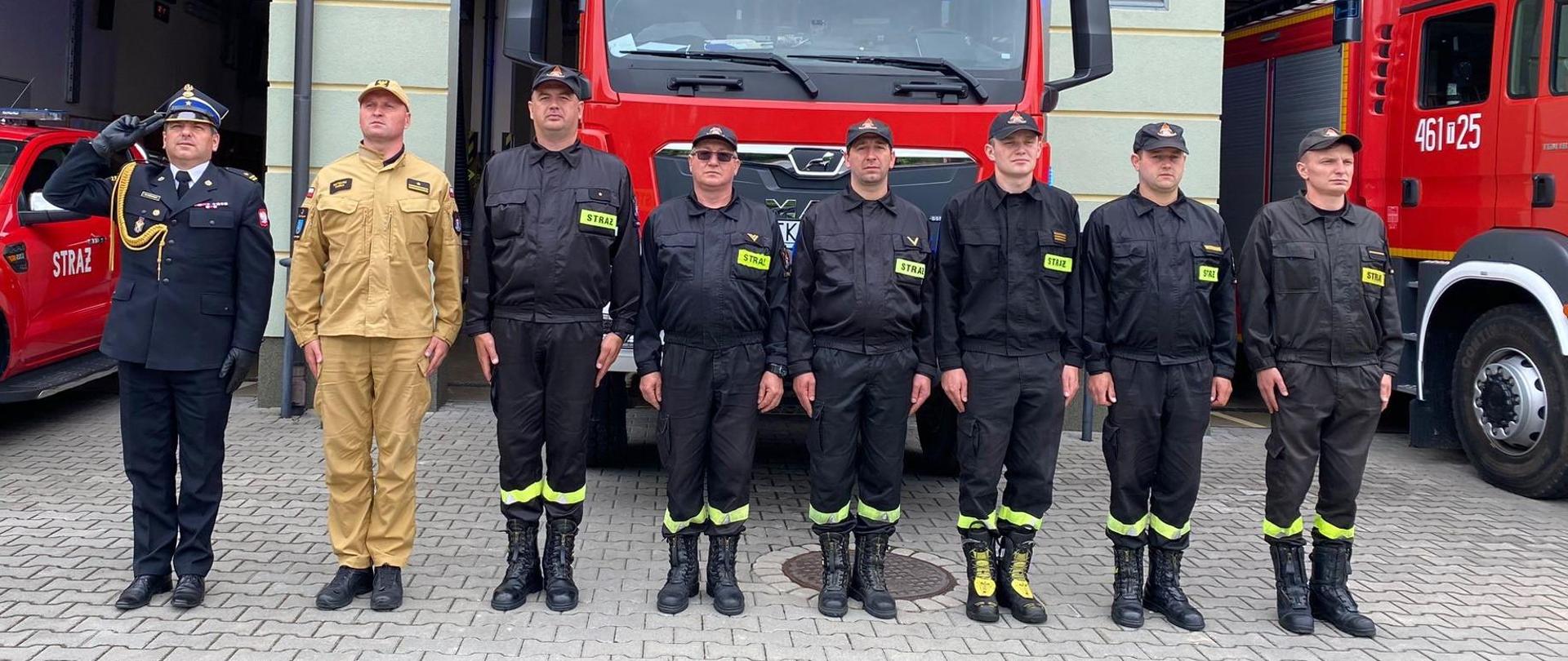 Strażacy stoją w pozycji zasadniczej oddając hołd poległemu żołnierzowi. 