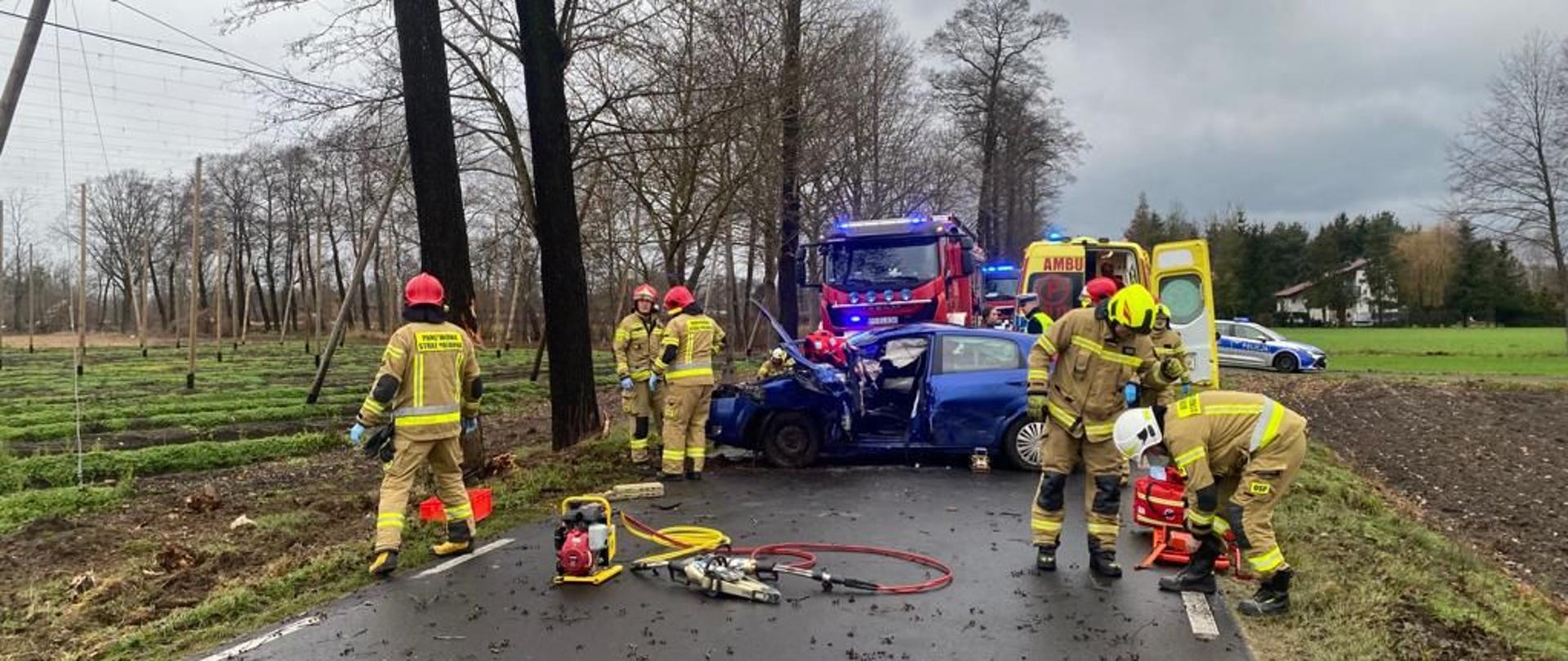 Działania strażaków przy samochodzie osobowym po uderzeniu w drzewo.