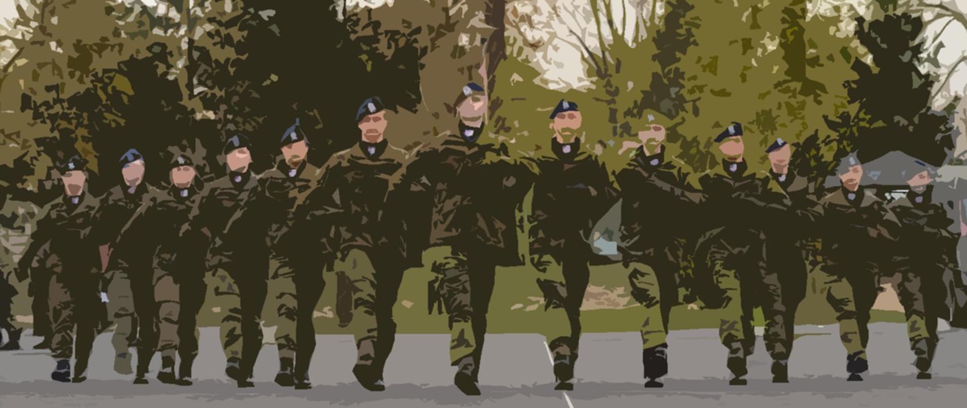 na obrazie maszerujący żołnierze, za nimi drzewa