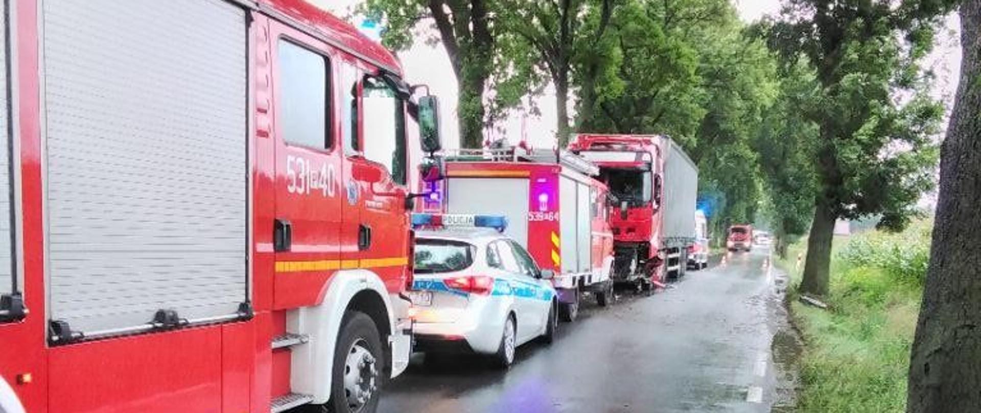 Samochody służb i TIR ustawione na mokrej drodze. Dookoła drzewa.