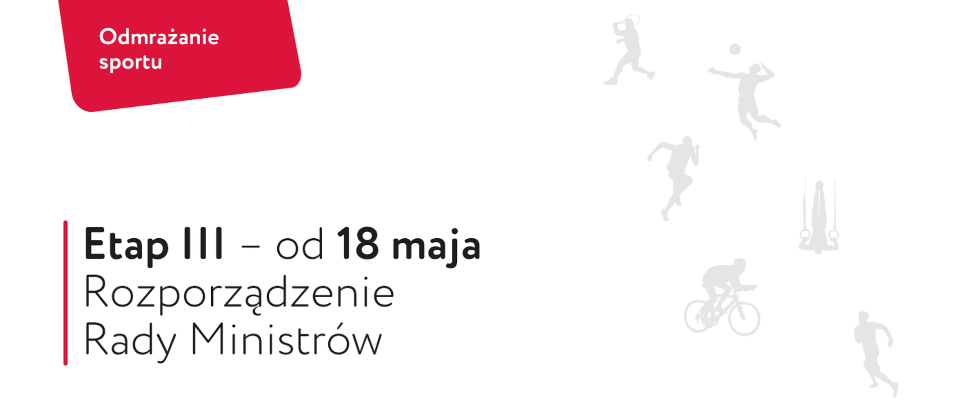 Napis "Odmrażanie Sportu". Poniżej tytuł "Etap III - od 18 maja. Rozporządzenie Rady Ministrów". Po prawej ikony symbolizujące sylwetki sportowców uprawiających różne sporty.