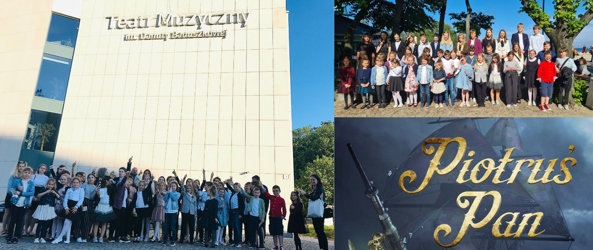 Grafika przedstawia zdjęcie uczniów szkoły na tle budynku Teatru Muzycznego w Gdyni po spektaklu "Piotruś Pan"