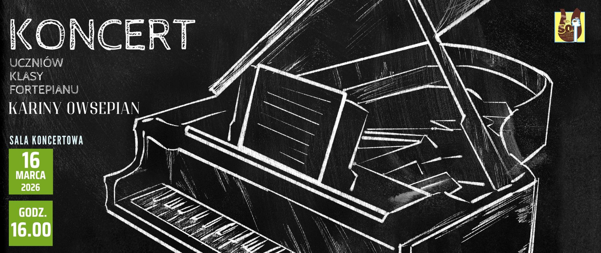 fortepian na czarnym tle, napisy w kolorze białym i z zielonymi elementami