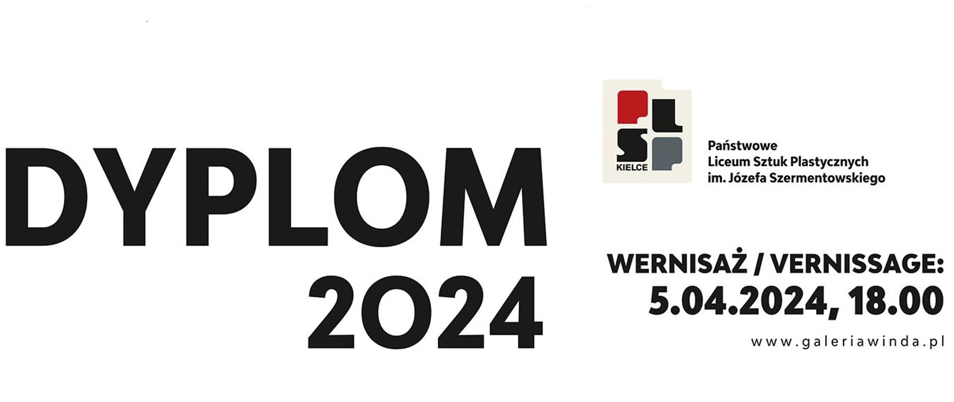 napis w kolorze czarnym, który brzmi: DYPLOM 2024 wernisaż 5.04.2024, 18.00, jest też logo kieleckiego plastyka składające się z liter PLSP w kolorze: P - czerwonym, L i S - czarnym i P - szarym