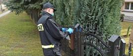 Na zdjęciu widoczny druh Ochotniczej Straży Pożarnej w ubraniu koszarowym koloru czarnego w czapce wrzucający ulotkę „Szczepimy się” do skrzynki na listy zamontowanej w ogrodzeniu przed budynkiem jednorodzinnym. Po lewej stronie widoczne krzewy iglaki po prawej furtka koloru czarnego.