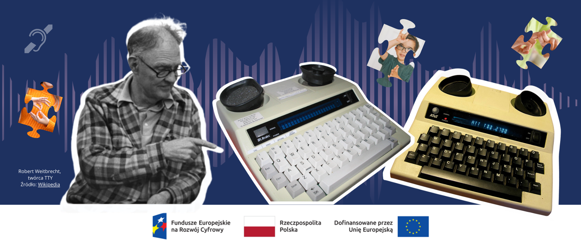 Zdjęcie przedstawia Roberta Weitbrechta z wymyślonymi przez siebie urządzeniami TTY.