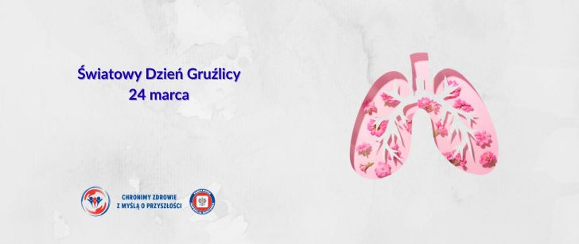 Na szarym tle granatowy napis Światowy Dzień Gruźlicy 24 marca. Poniżej logo Państwowej Inspekcji Sanitarnej wraz z hasłem chronimy zdrowie z myślą o przyszłości. Po prawej stronie grafika przedstawiająca płuca ludzkie w kolorystyce różowej.