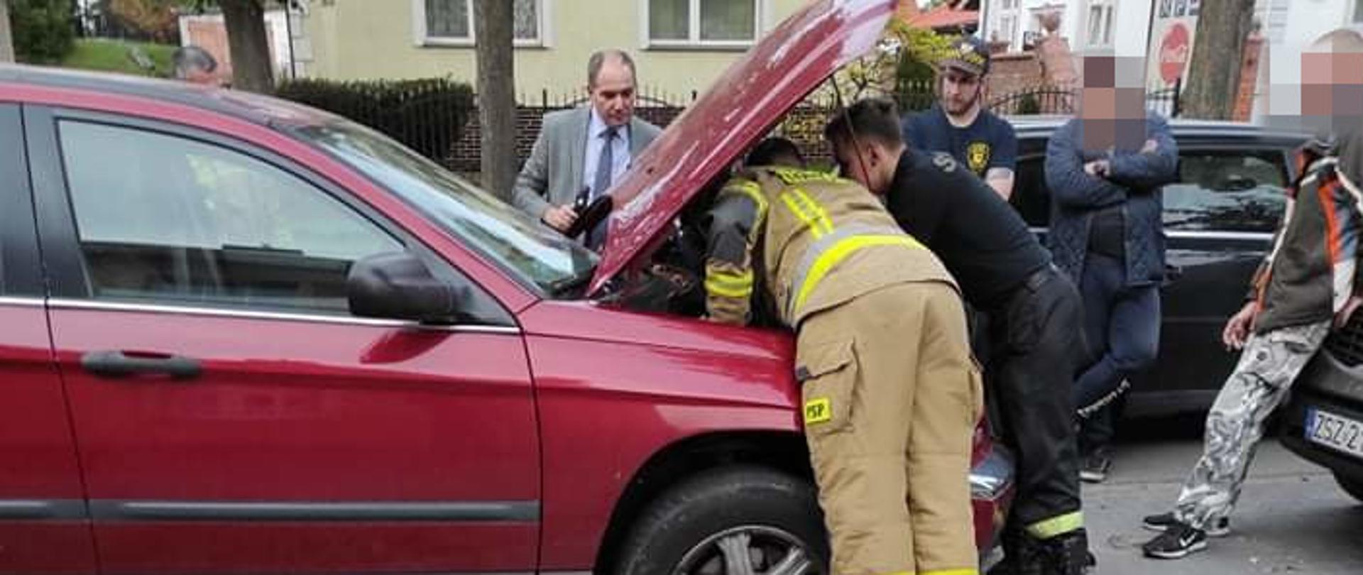 Strażacy unieśli maskę przednią od komory silnika, aby dostać się od góry do małego kotka zaklinowanego nad układem wydechowym 