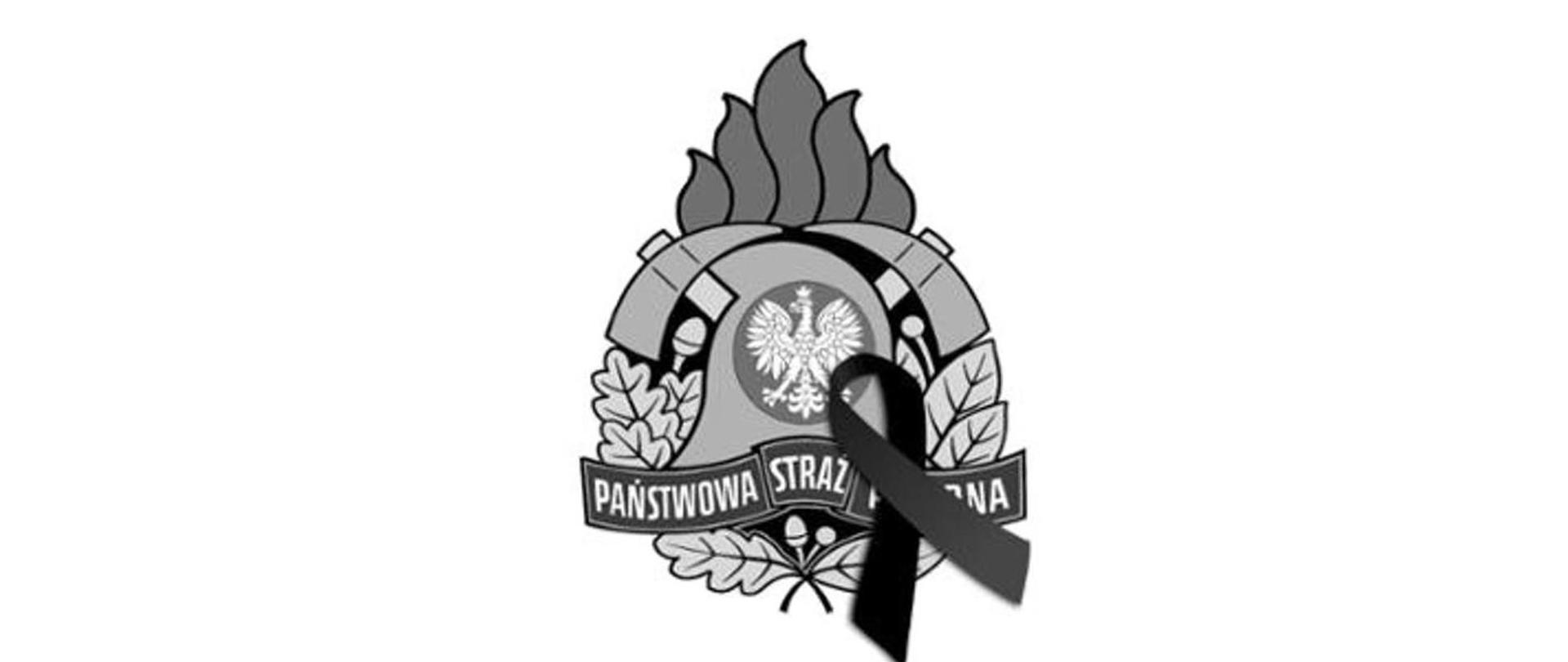 Logo Państwowej Straży Pożarnej ze wstęgą żałobną.