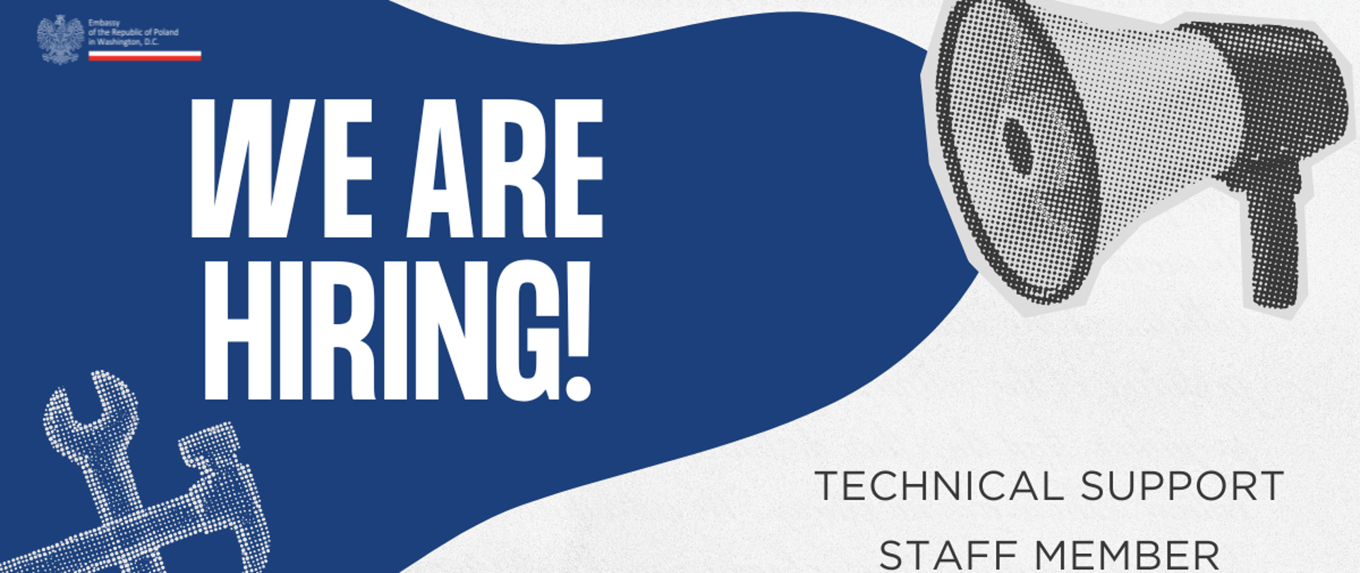 Graphic presents the information about the job opportunity at the Embassy of the Republic of Poland in Washington, D.C. - one can apply for a job of a technical support staff member