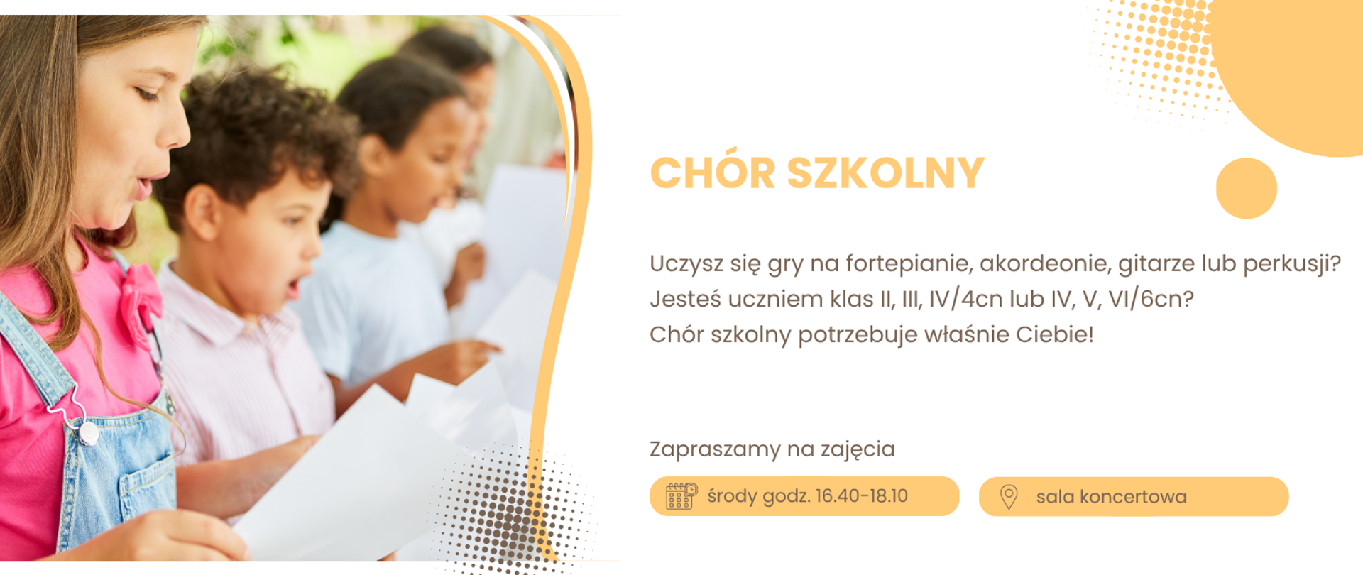 Baner składający się z 2 części: po lewej stronie zdjęcie śpiewających dzieci, po prawej szczegóły dotyczące zajęć