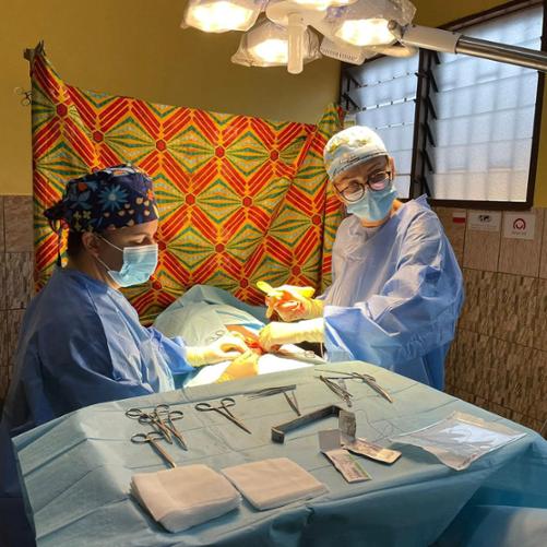 Kobieta i mężczyzna w fartuchach, czapkach i maseczkach stoją przy stole i trzymają narzędzia chirurgiczne. Trzeci mężczyzna ubrany tak samo przygląda się. 