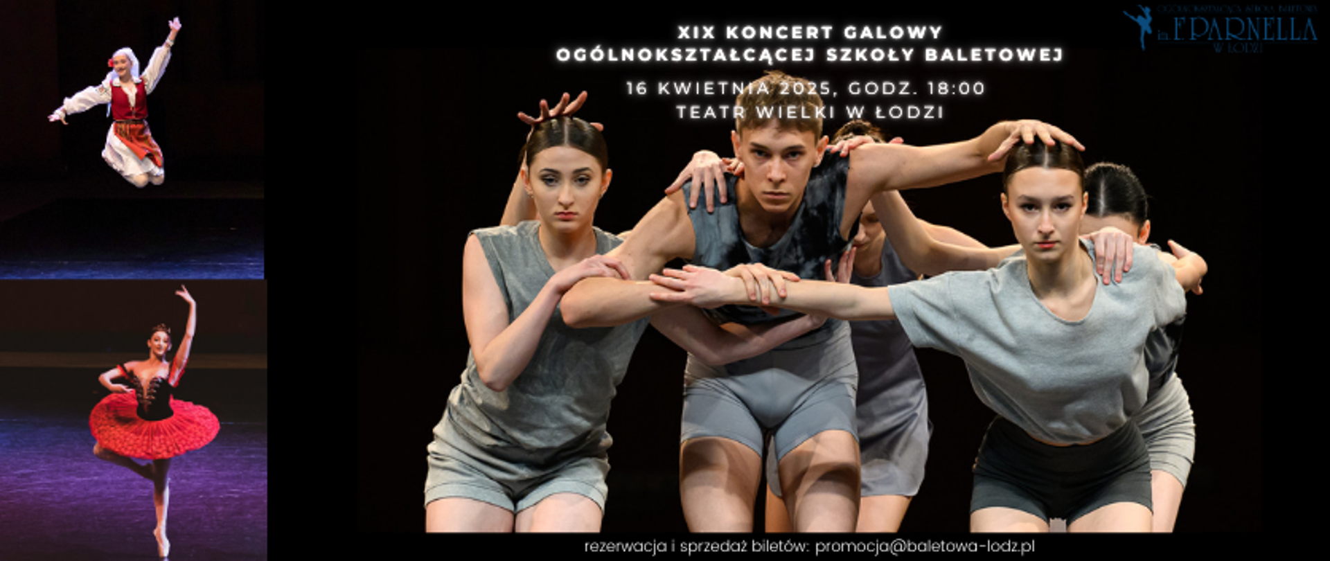 grafika ze zdjęciami dyplomantów z roku 2025 roku. Na grafice tekst: XIX Koncert Galowy Ogólnokształcącej Szkoły Baletowej, 16 kwietnia 2025 godzina 18:00, Teatr Wielki w Łodzi