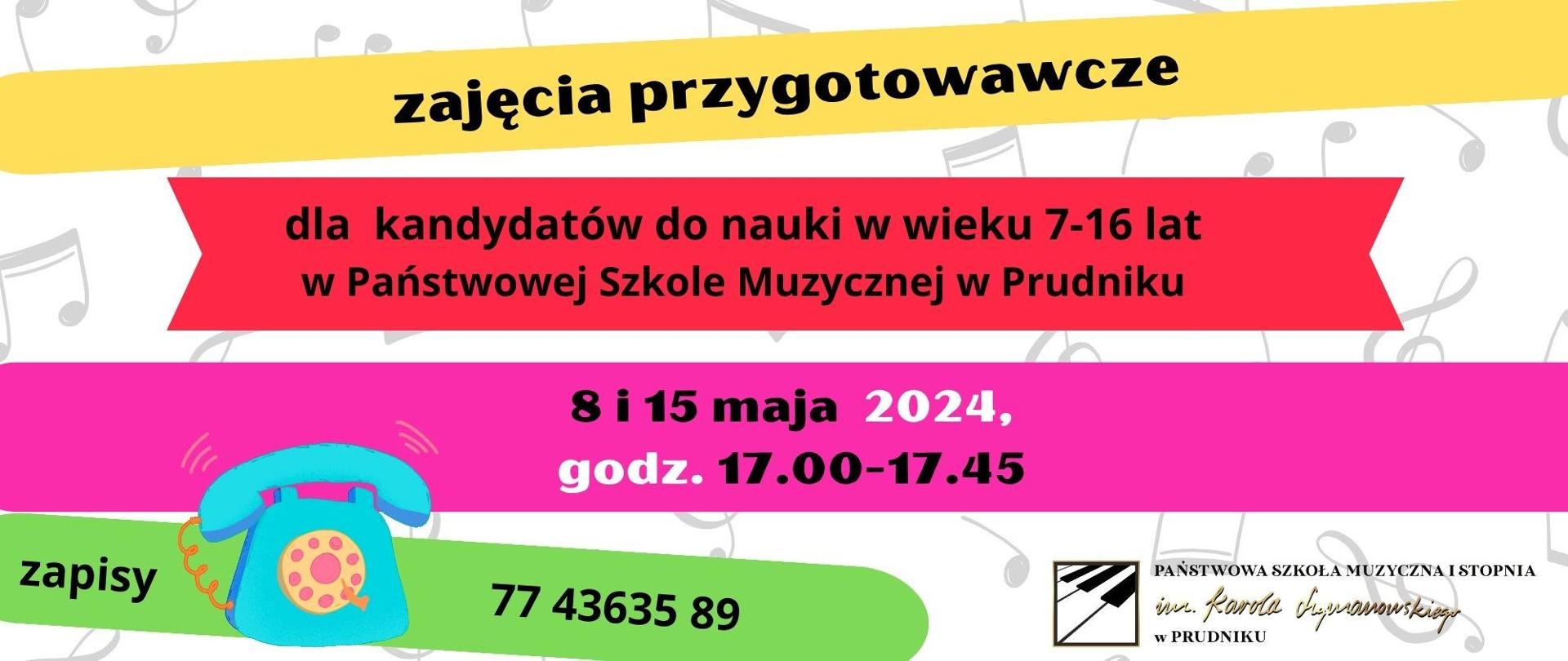 Baner z informacją o zajęciach przygotowawczych. Kolorowe pasy z czarnymi napisami oraz w dolnej części animowany aparat telefoniczny. Tło stanowi ikonografia nutek.